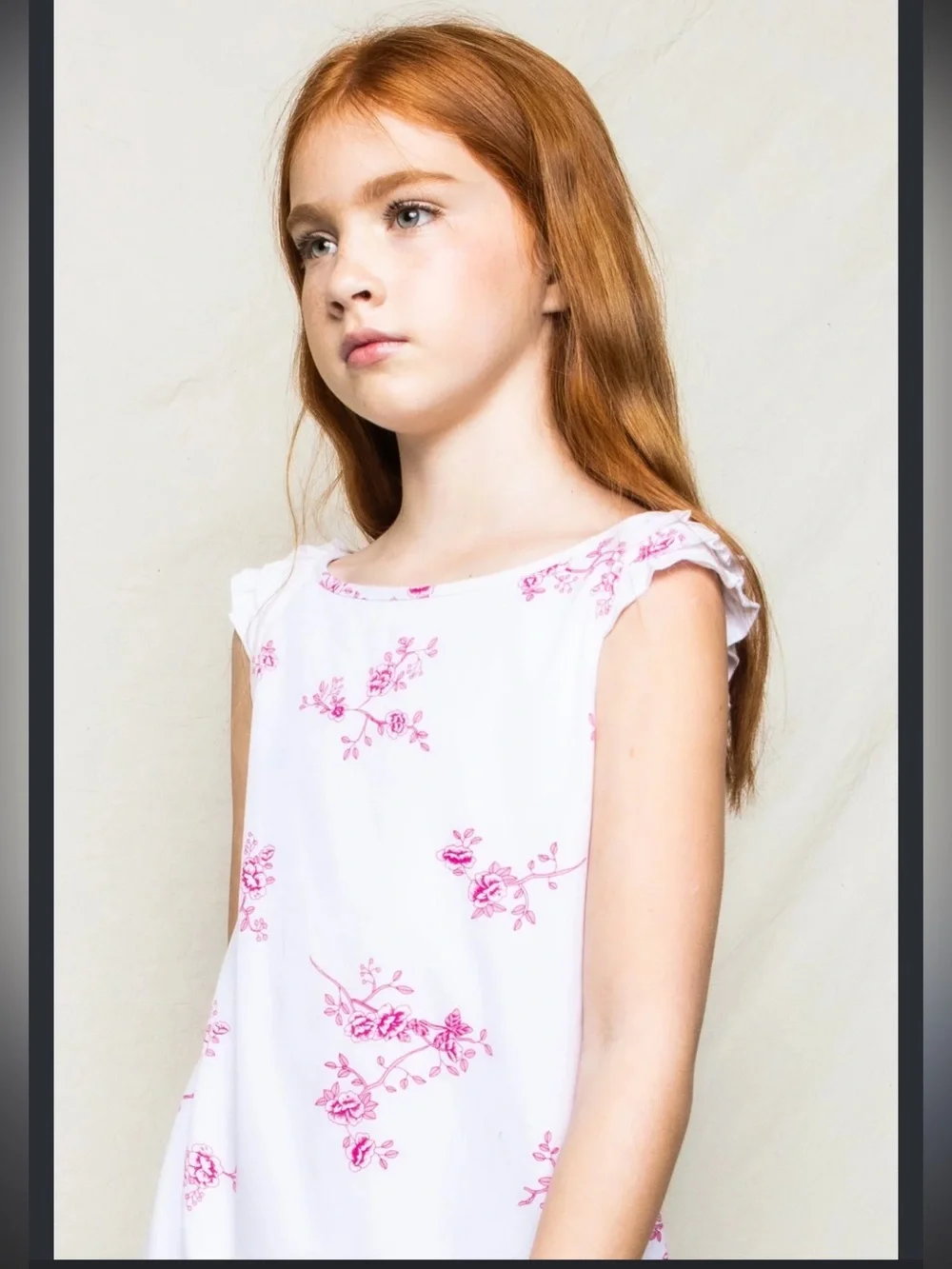 Amelie White Nightgown with English Floral Rose Print and Ruffle Cap Sleeves
